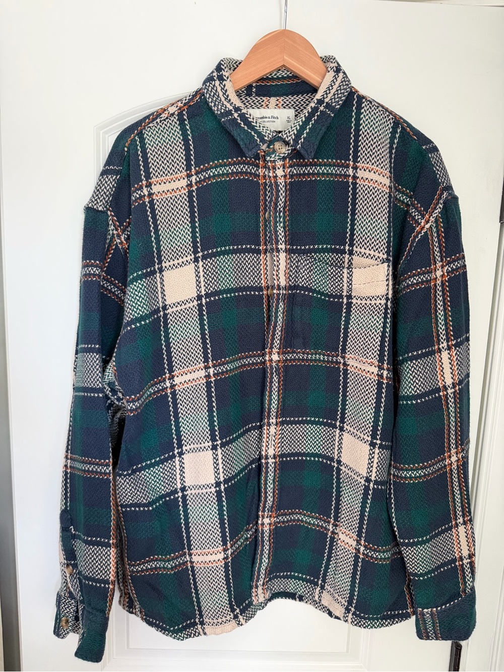 Abercrombie & Fitch Green, Navy, and Cream Plaid Button-Down Shirt